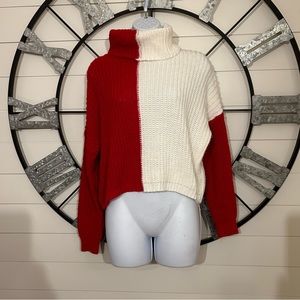 Red and Off-white Colorblock Slightly Cropped Sweater